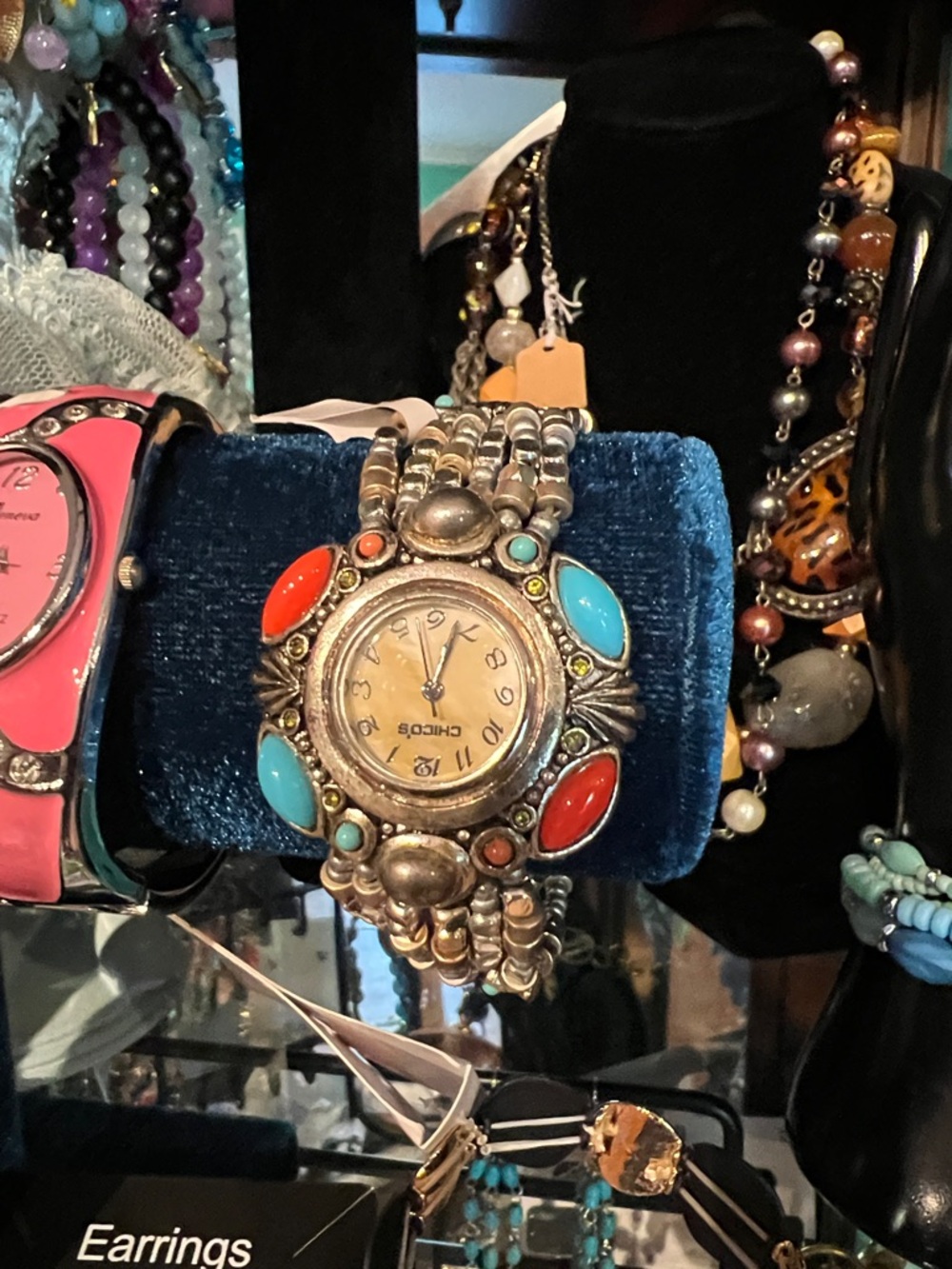 Chico's Silver-Tone Watch with Turquoise Blue and Coral Red Accents